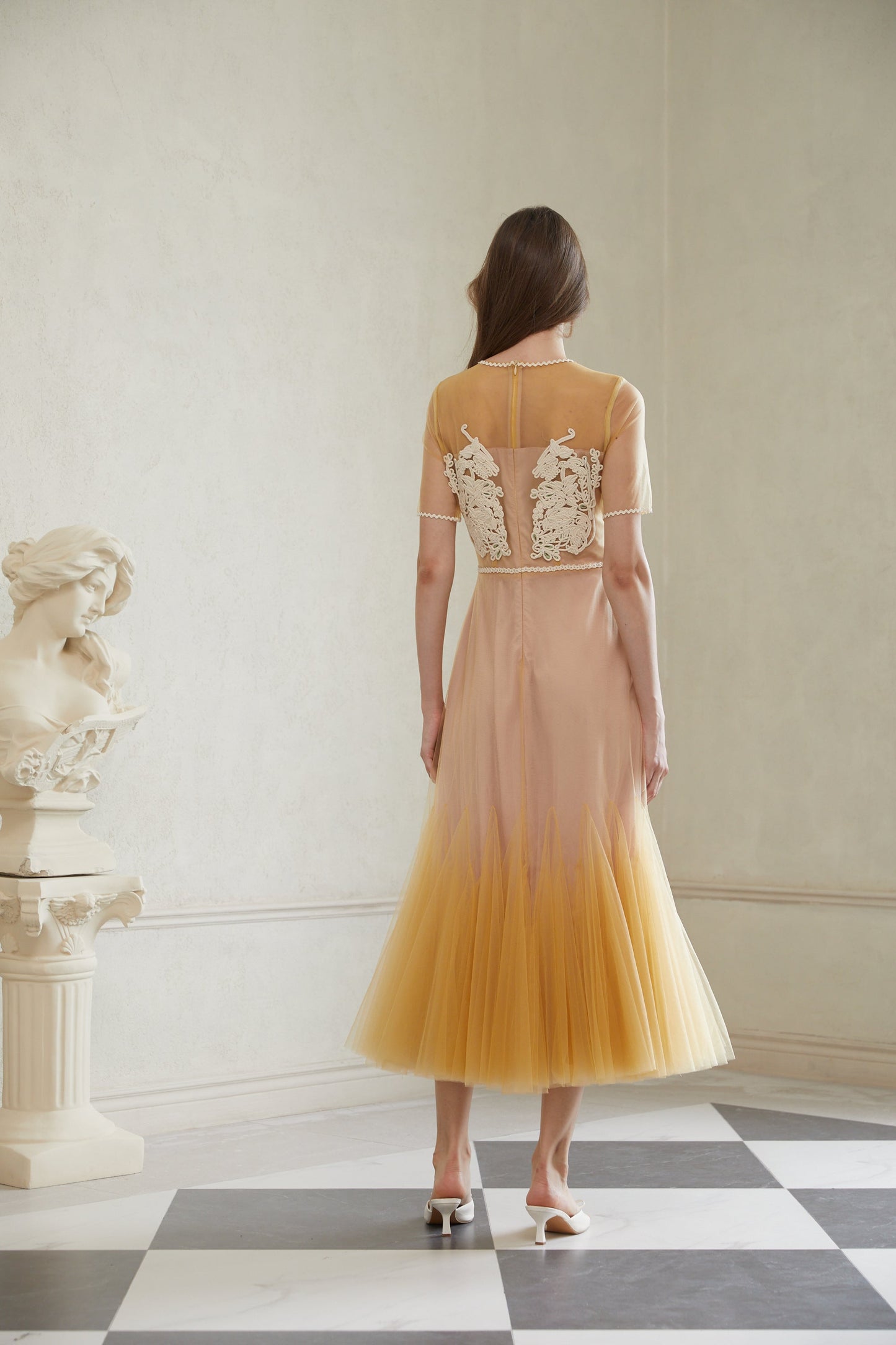Despoina Yellow Floral Braided Tulle Midi Dress