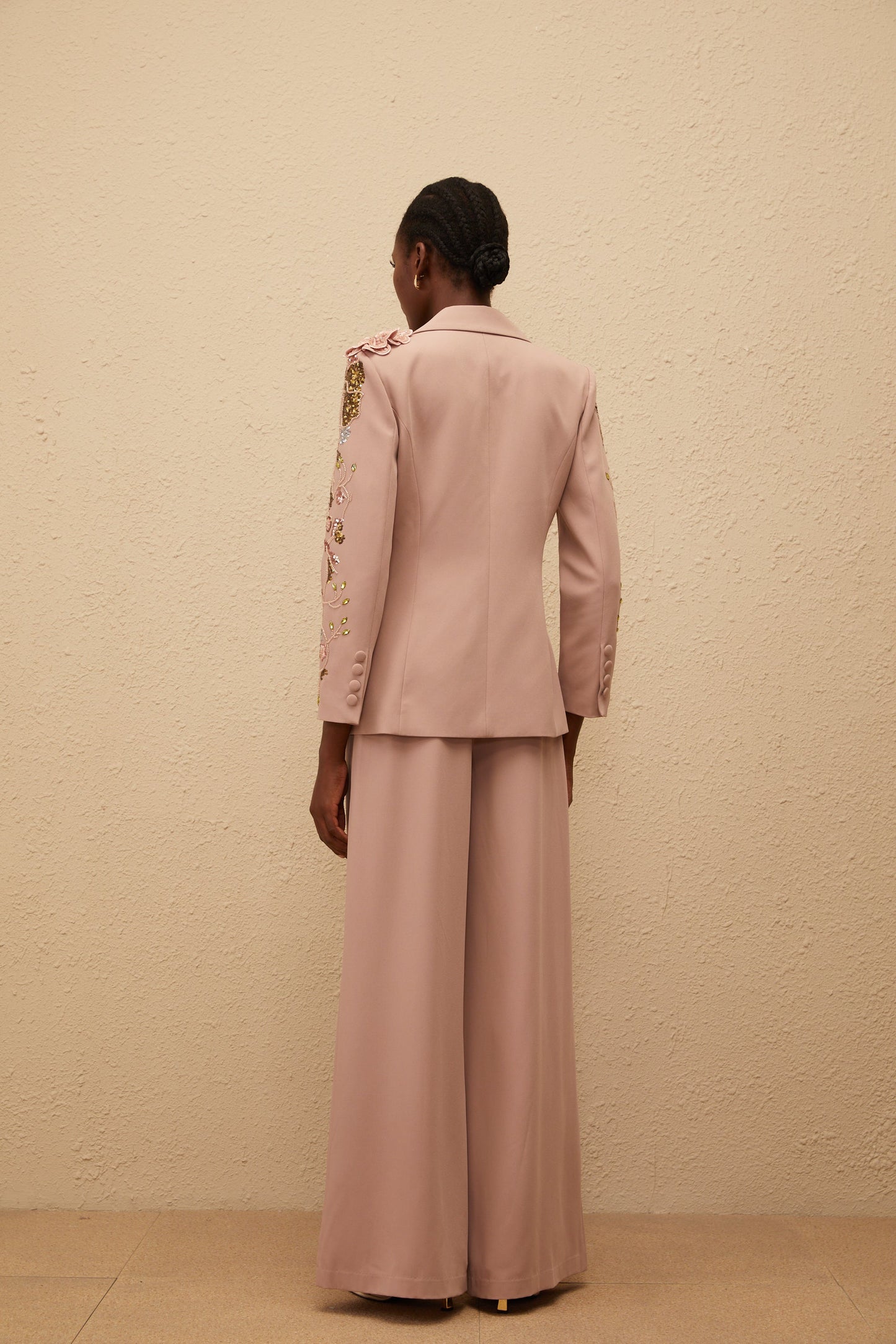 Morgane Toz Pembe Payetli Çiçekli Blazer ve Pantolon Takım