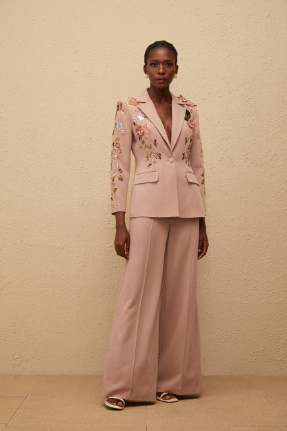 Morgane Toz Pembe Payetli Çiçekli Blazer ve Pantolon Takım