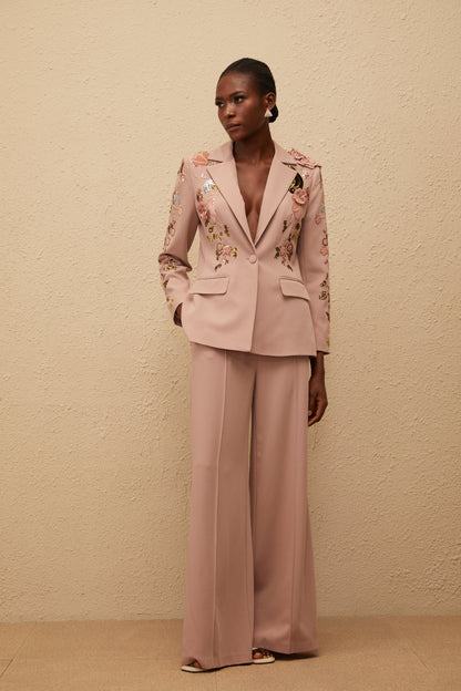 Morgane Toz Pembe Payetli Çiçekli Blazer ve Pantolon Takım