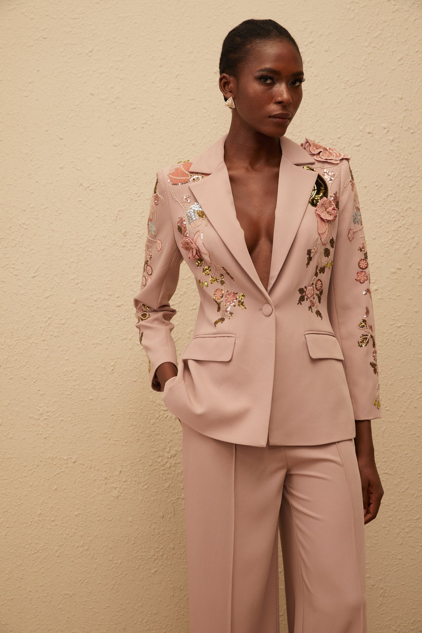 Morgane Toz Pembe Payetli Çiçekli Blazer ve Pantolon Takım