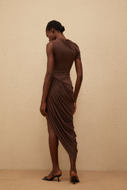 Prune Brown Night Out Asimetrik Dantelli Midi Elbise