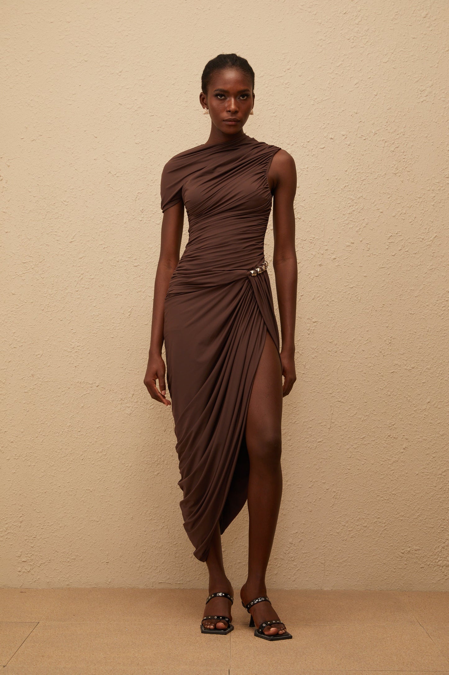 Prune Brown Night Out Asimetrik Dantelli Midi Elbise
