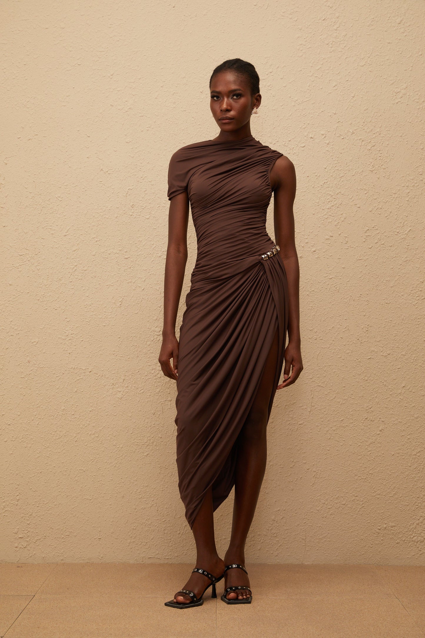 Prune Brown Night Out Asimetrik Dantelli Midi Elbise