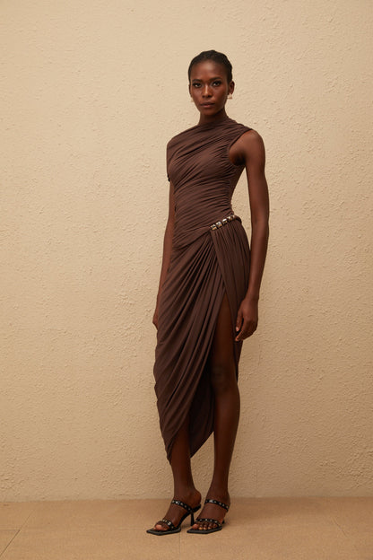 Prune Brown Night Out Asimetrik Dantelli Midi Elbise