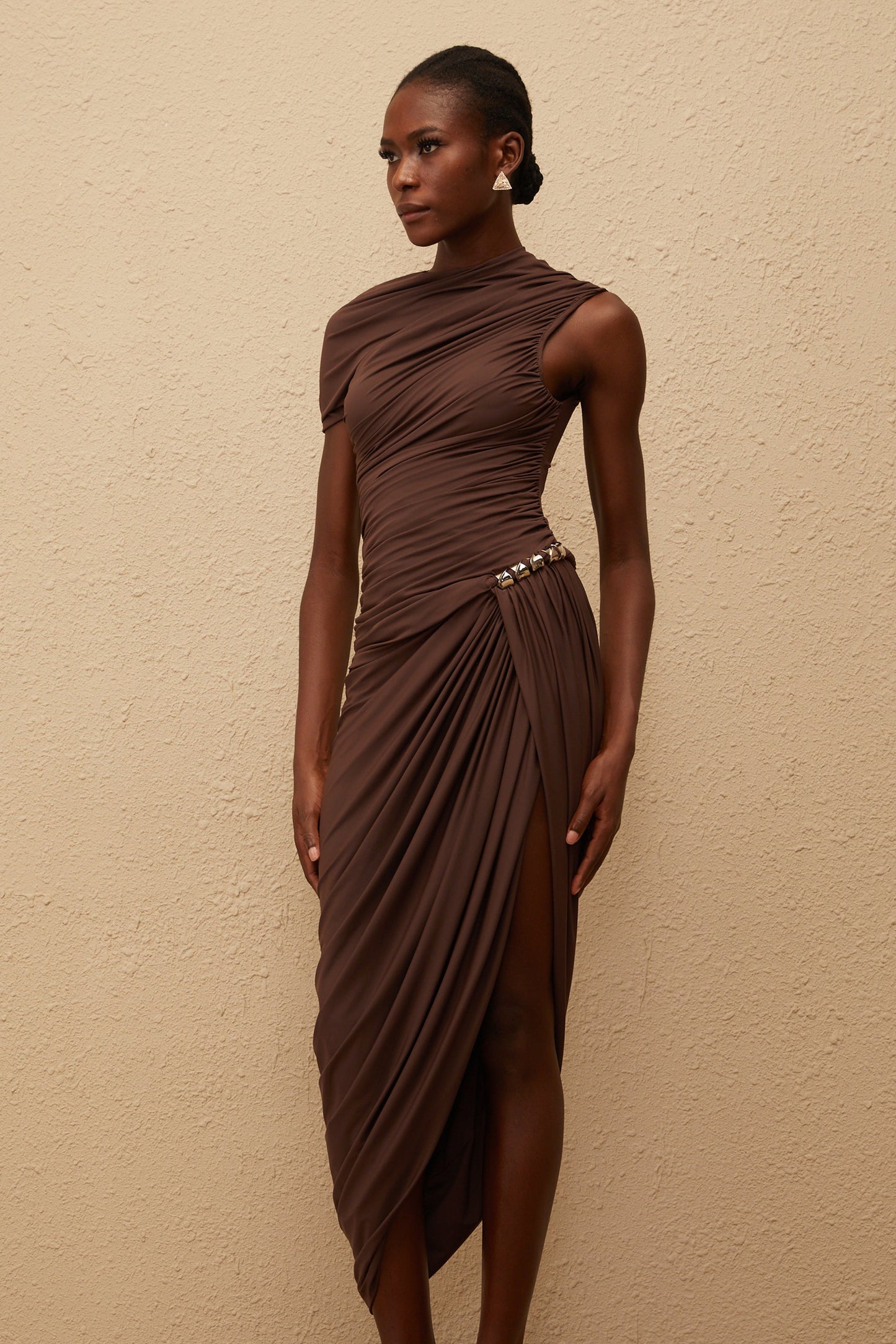 Prune Brown Night Out Asimetrik Dantelli Midi Elbise