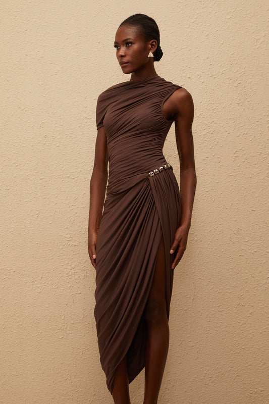 Prune Brown Night Out Asimetrik Dantelli Midi Elbise