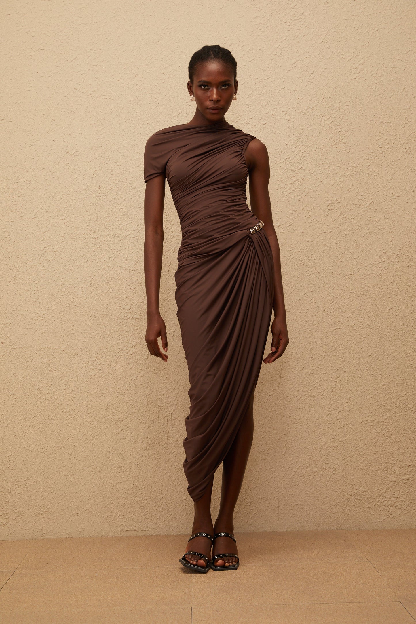 Prune Brown Night Out Asimetrik Dantelli Midi Elbise