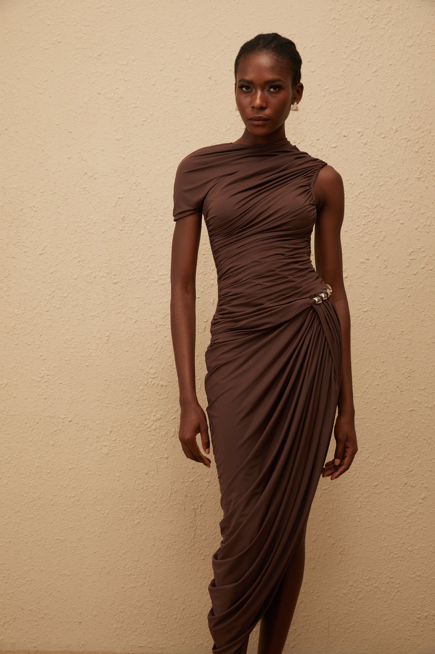 Prune Brown Night Out Asimetrik Dantelli Midi Elbise