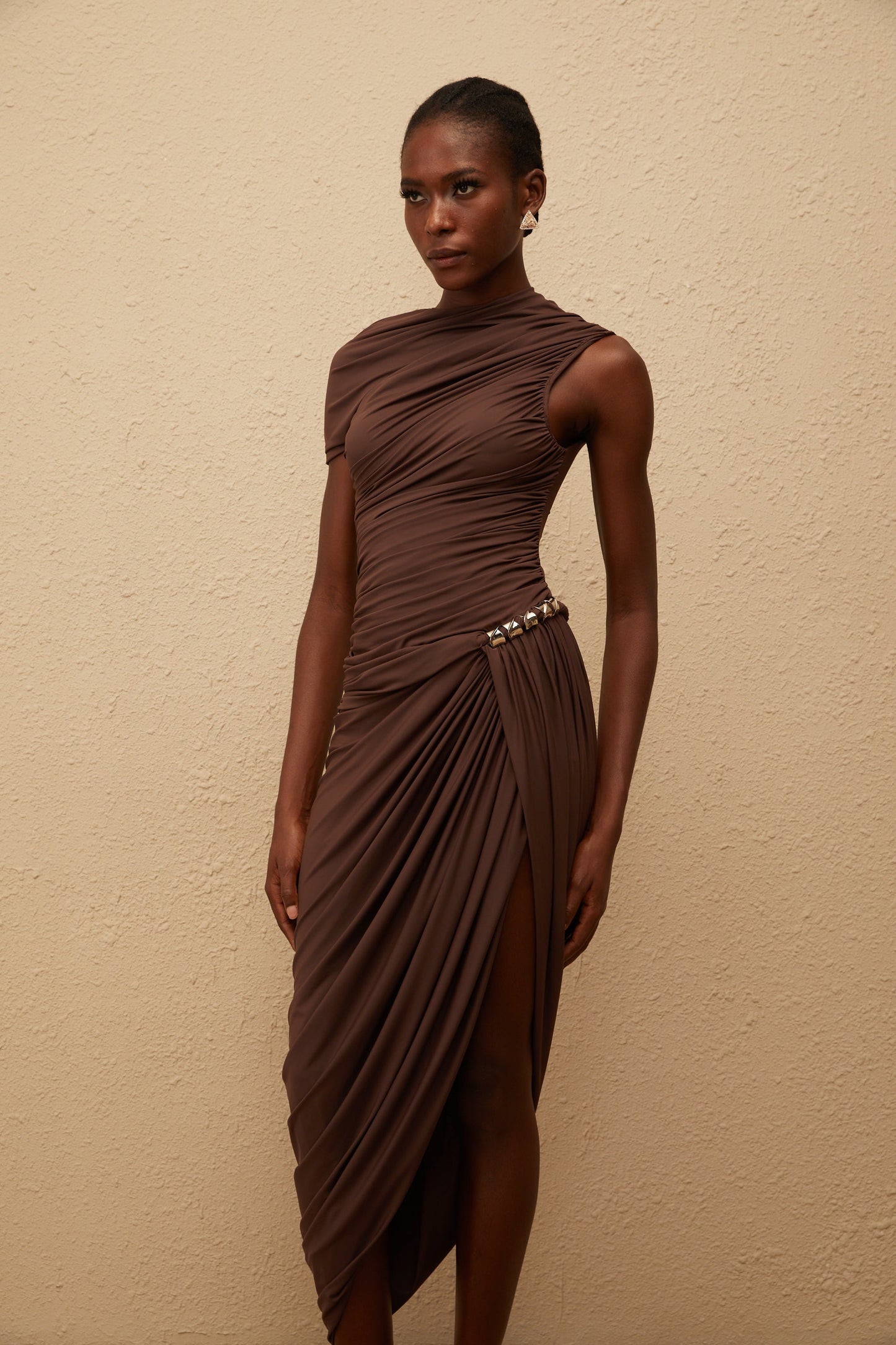 Prune Brown Night Out Asimetrik Dantelli Midi Elbise