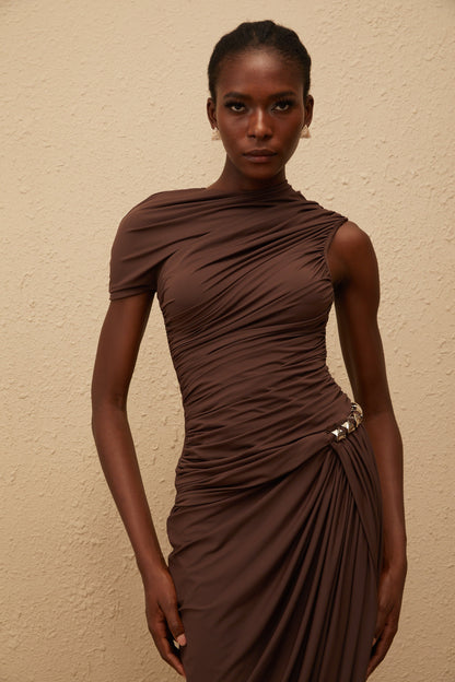 Prune Brown Night Out Asimetrik Dantelli Midi Elbise
