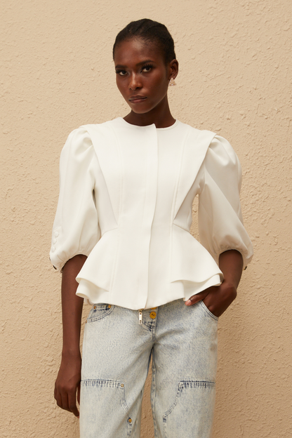 Gwenaëlle Beyaz Peplum Bel Bluz