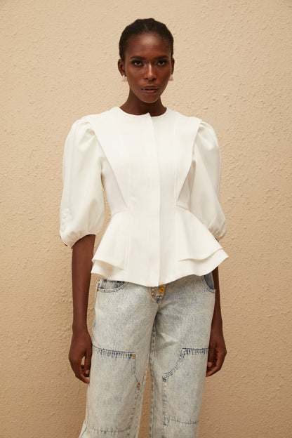 Gwenaëlle Beyaz Peplum Bel Bluz