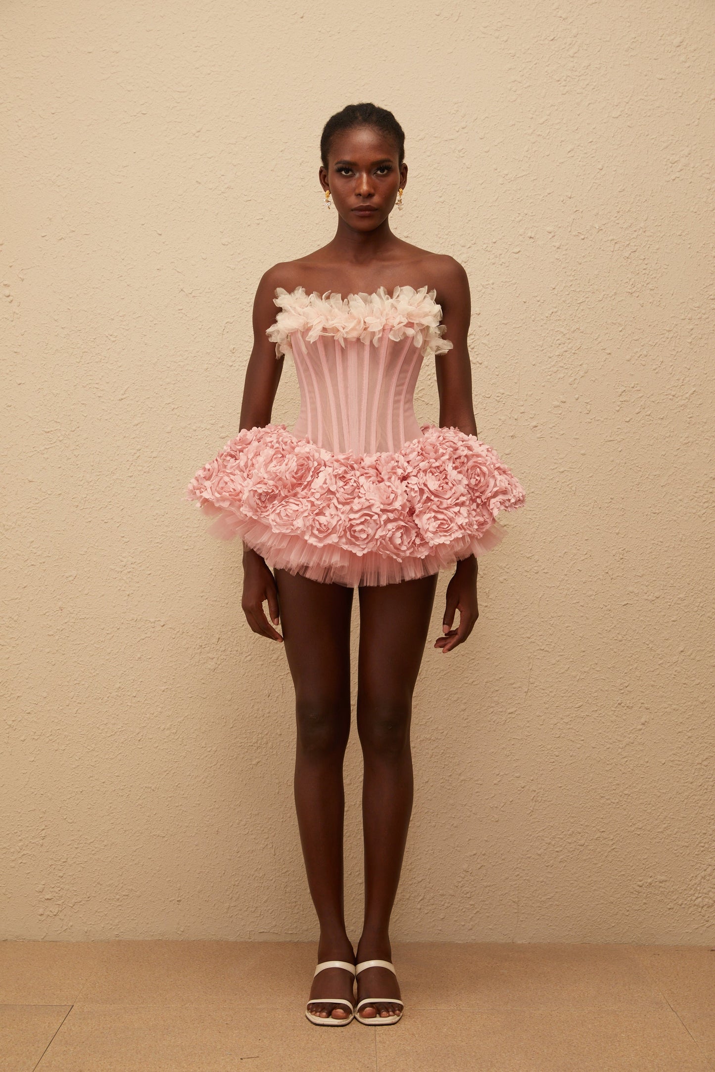 Rachel Pembe 3D Petal Tül Mini Elbise