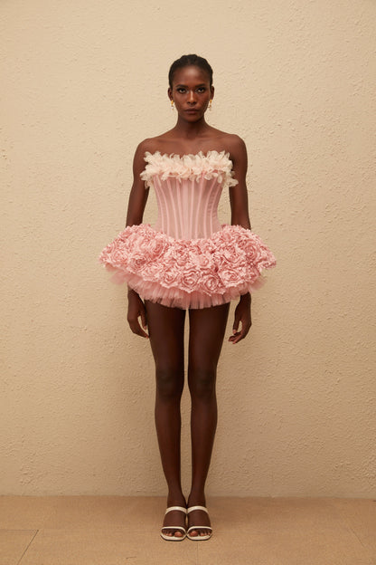 Rachel Pembe 3D Petal Tül Mini Elbise