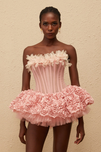 Rachel Pembe 3D Petal Tül Mini Elbise