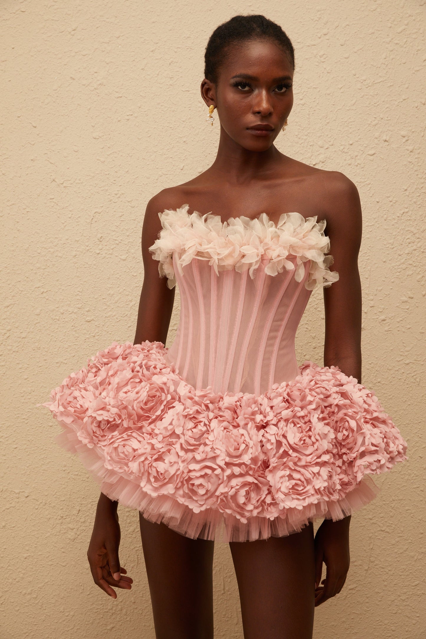 Rachel Pembe 3D Petal Tül Mini Elbise