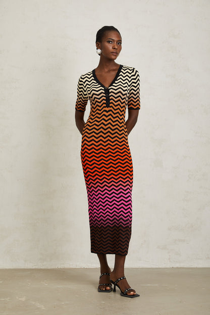 Charitina Brown Gradient Zigzag Knit Midi Dress