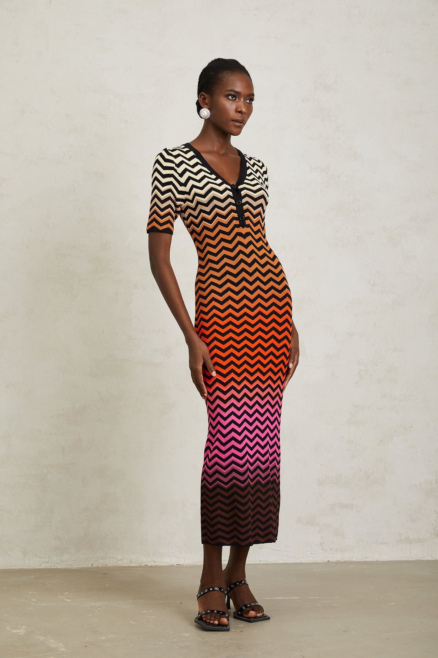 Charitina Brown Gradient Zigzag Knit Midi Dress