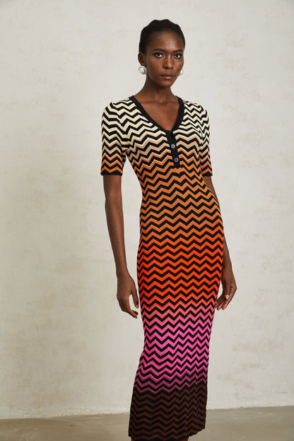 Charitina Brown Gradient Zigzag Knit Midi Dress