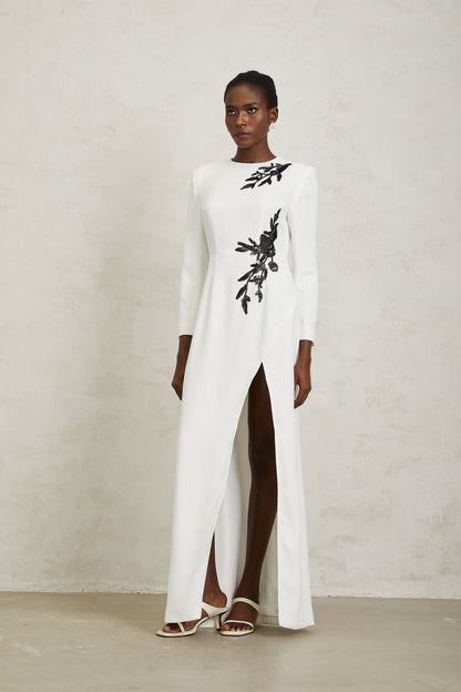 Vanessa White Beaded Floral Appliqué Maxi Dress
