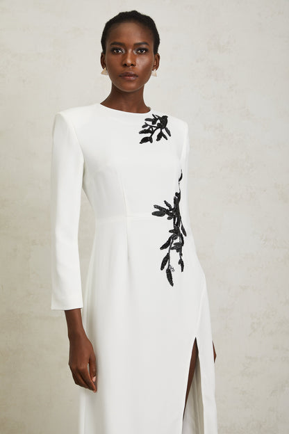 Vanessa White Beaded Floral Appliqué Maxi Dress