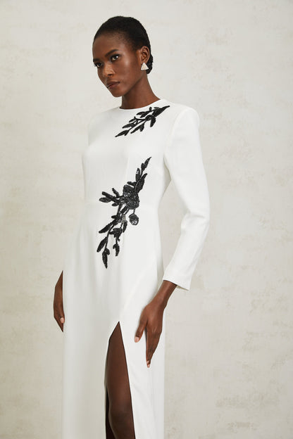 Vanessa White Beaded Floral Appliqué Maxi Dress