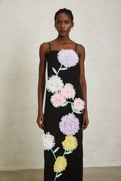 Véronique Black 3D Petal Sleeveless Midi Dress