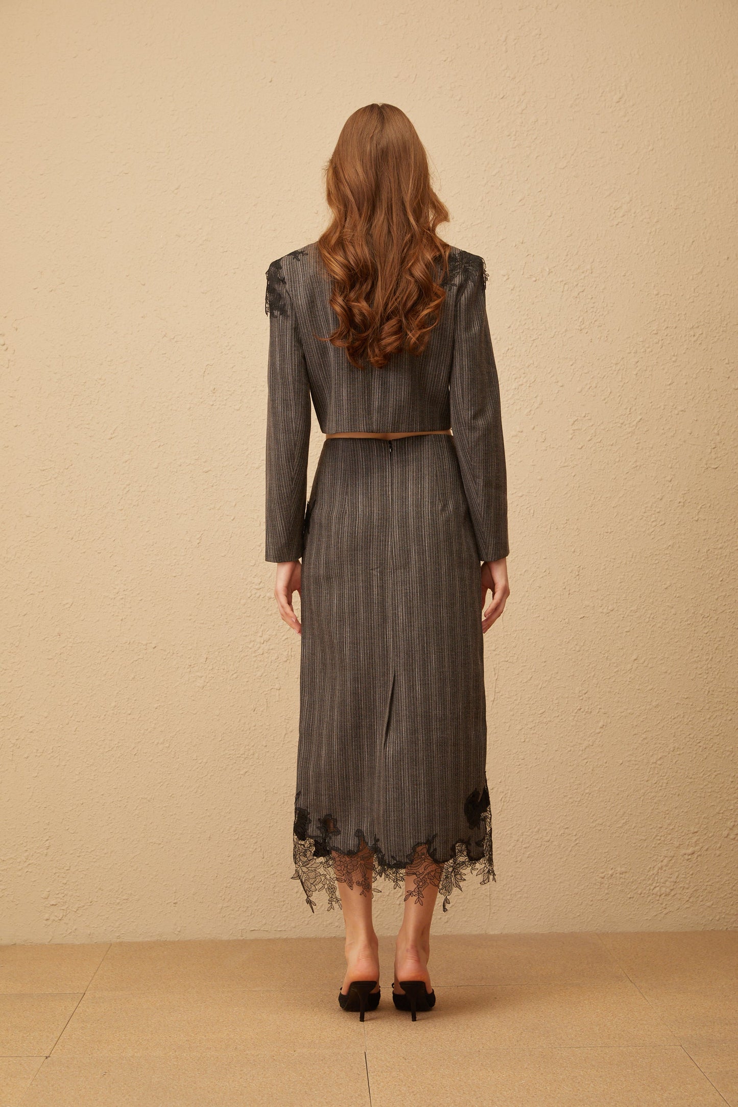 Sidonie Grey Floral Appliqué Striped Blazer & Skirt Set