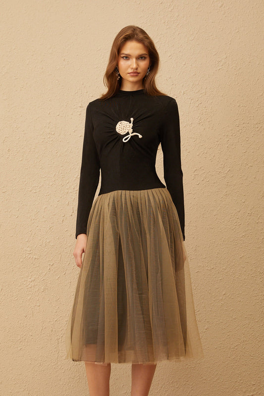 Cézanne Black Crochet Detail Tulle Panel Midi Dress