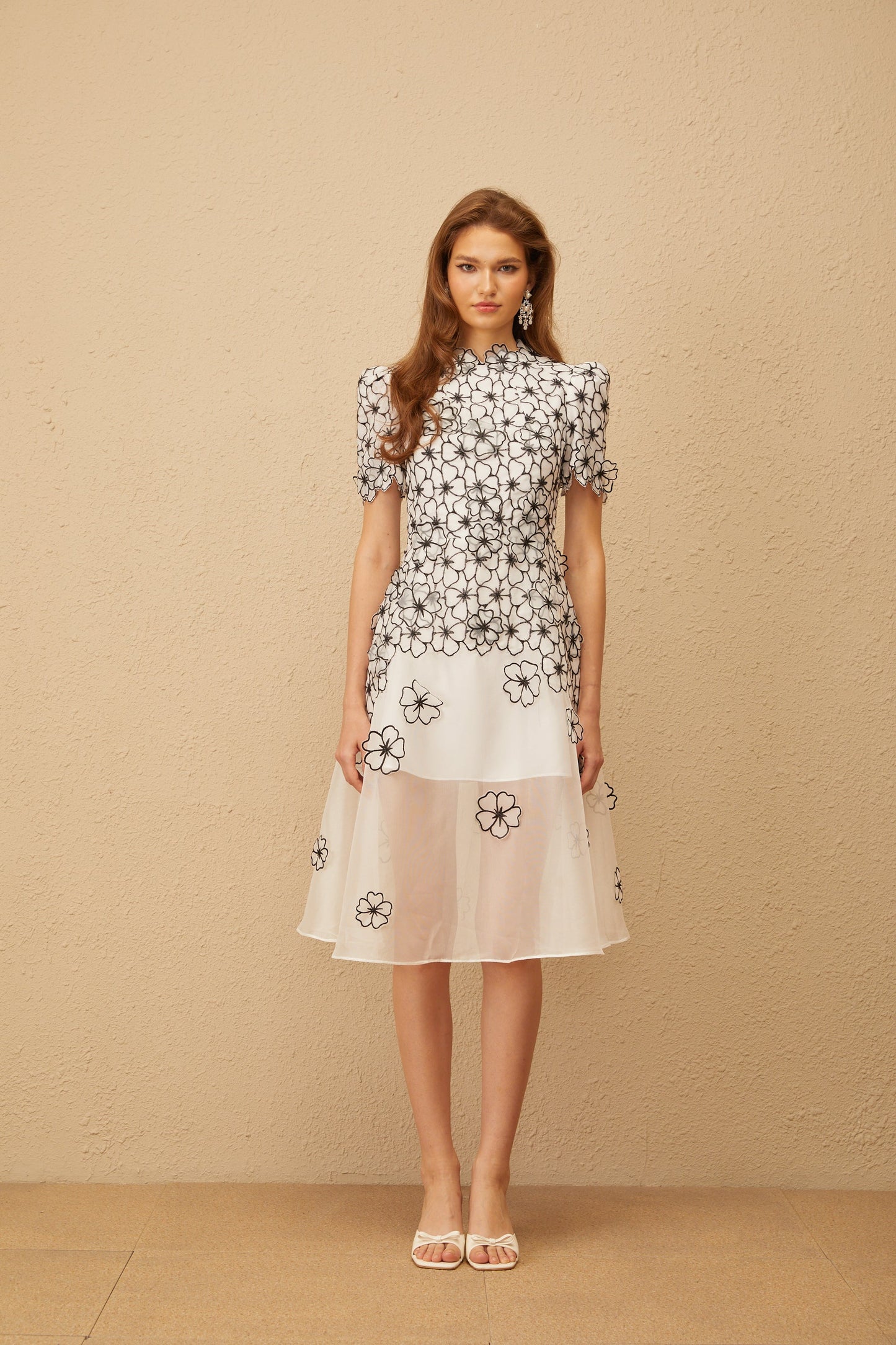 Yaelle White Floral Appliqué Tulle Midi Dress