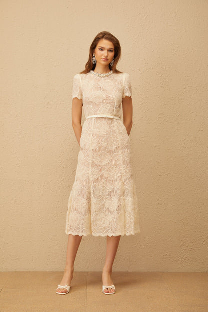 Félicie White Embellished Floral Lace Midi Dress