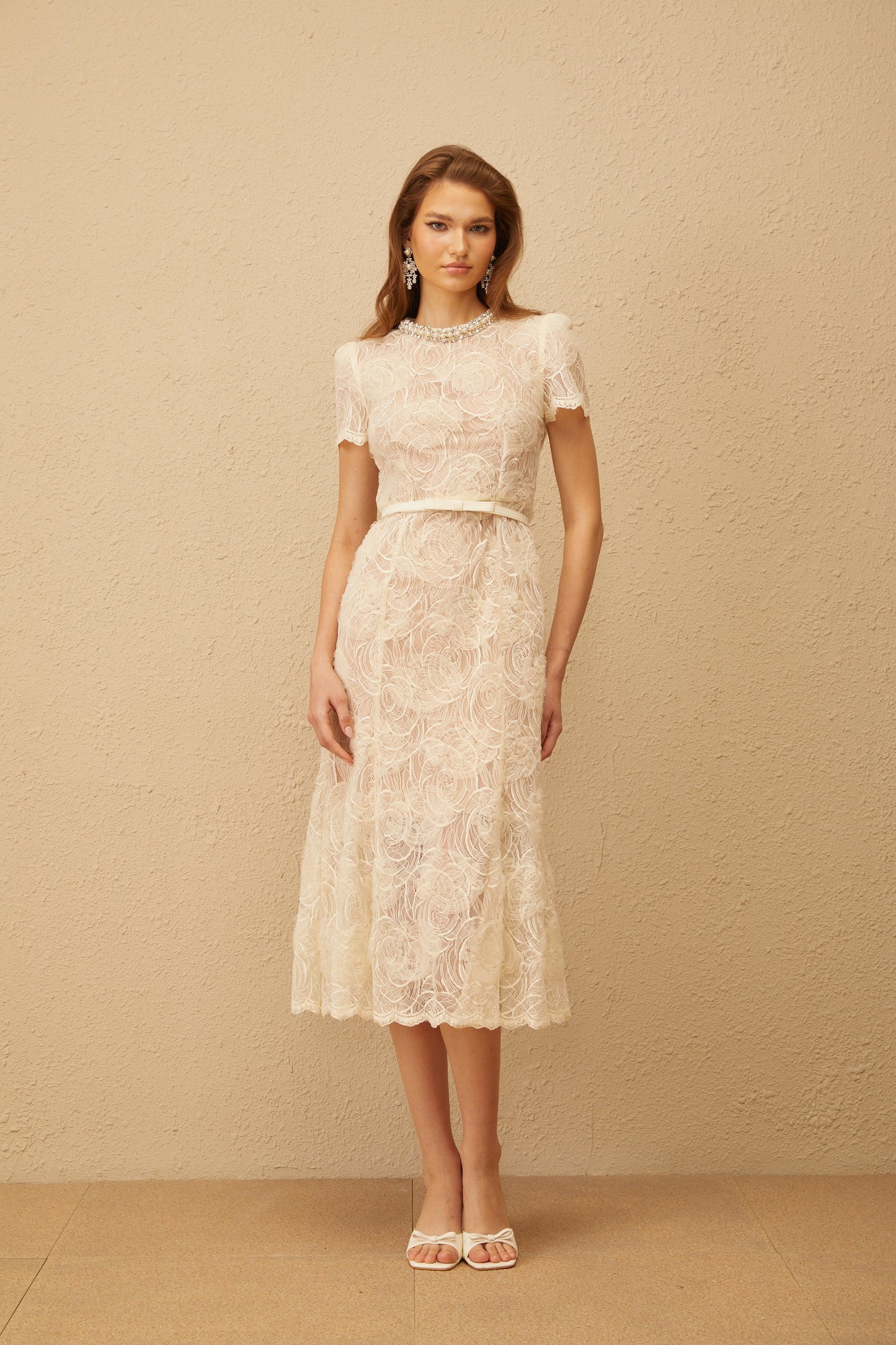 Félicie White Embellished Floral Lace Midi Dress