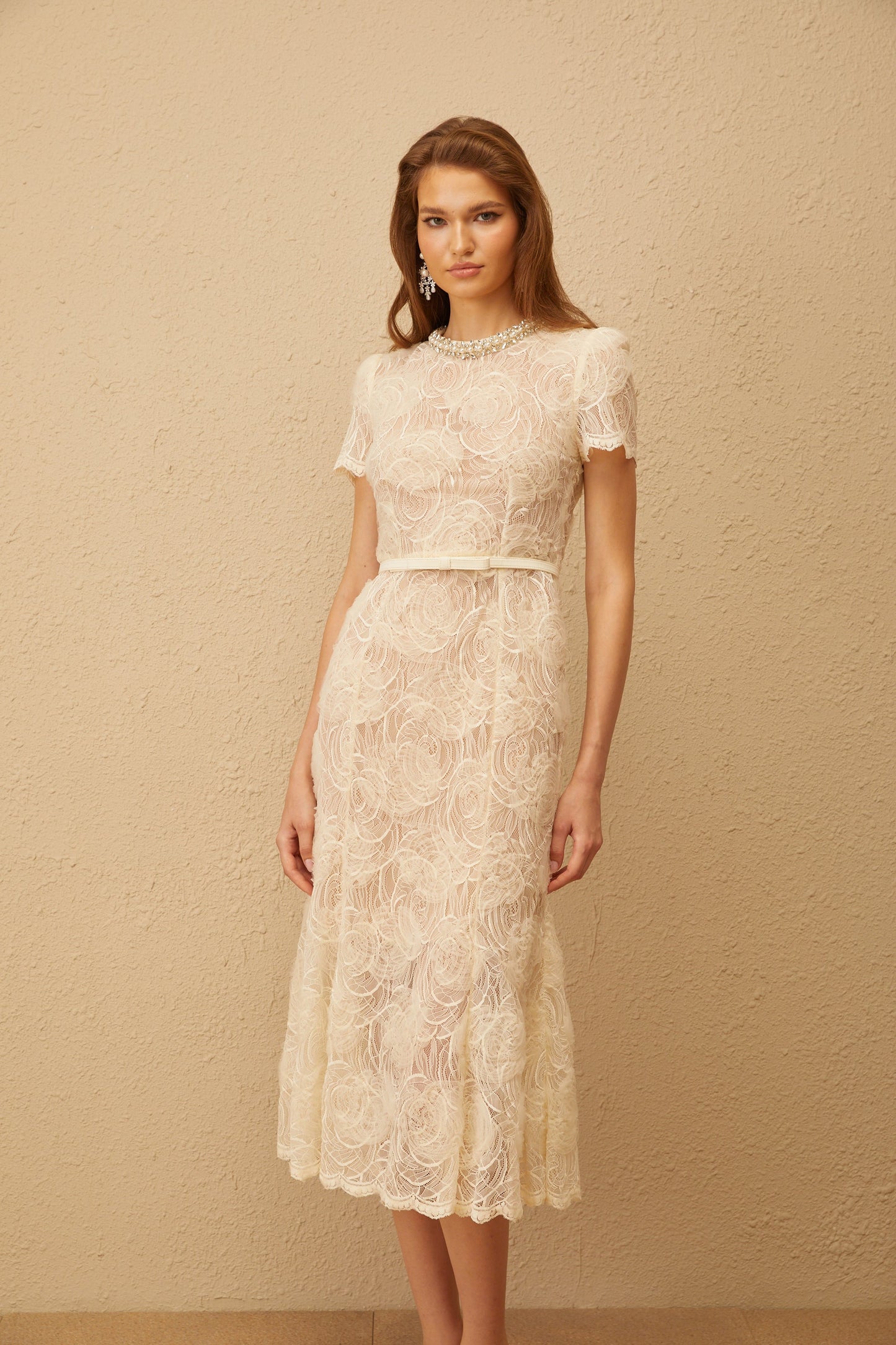Félicie White Embellished Floral Lace Midi Dress