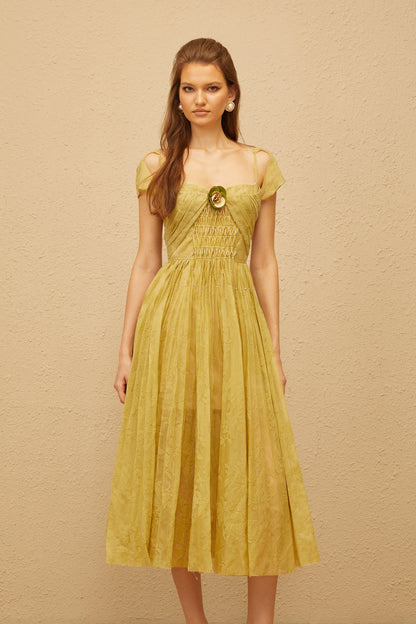 Béryl Green Floral Jacquard Midi Dress