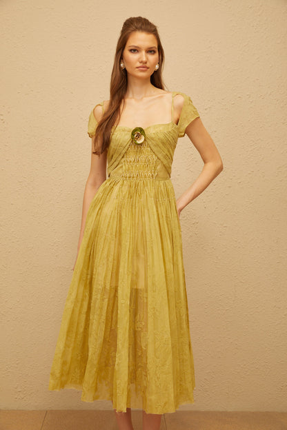 Béryl Green Floral Jacquard Midi Dress