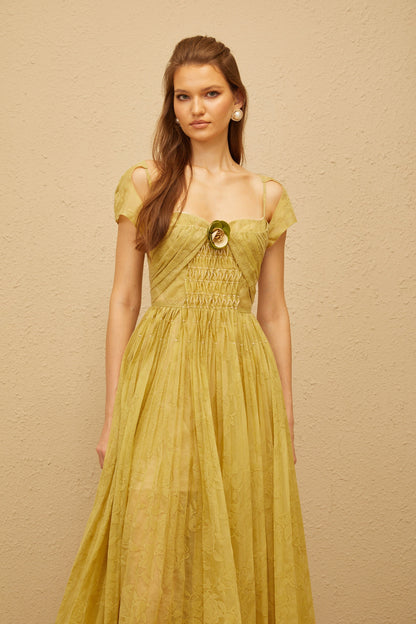 Béryl Green Floral Jacquard Midi Dress