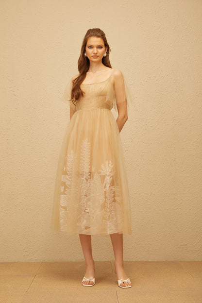Blanka Neutral Pleated Jacquard Tulle Midi Dress