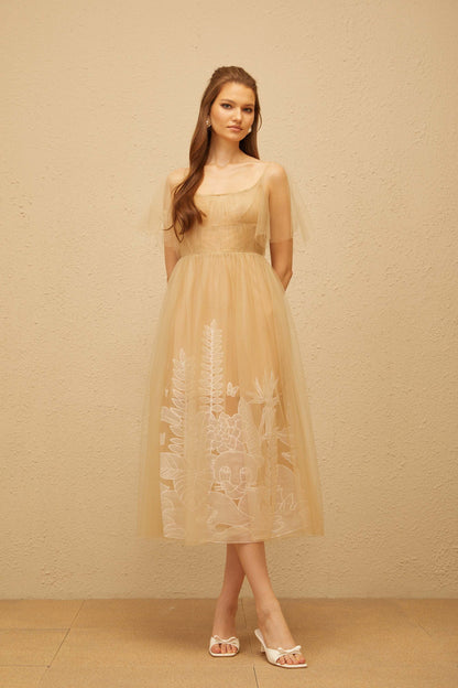 Blanka Neutral Pleated Jacquard Tulle Midi Dress