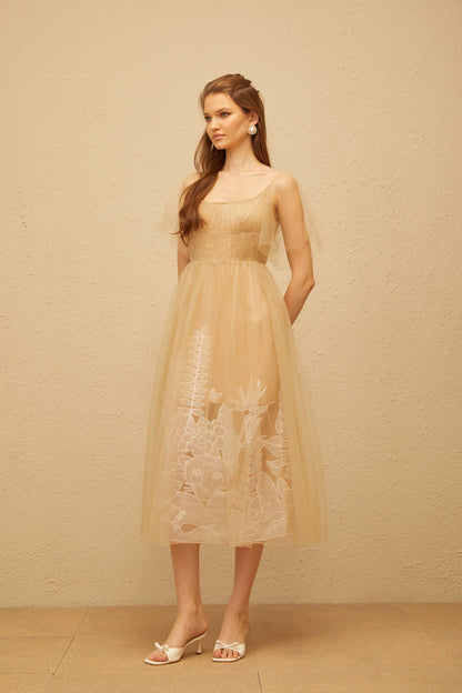 Blanka Neutral Pleated Jacquard Tulle Midi Dress