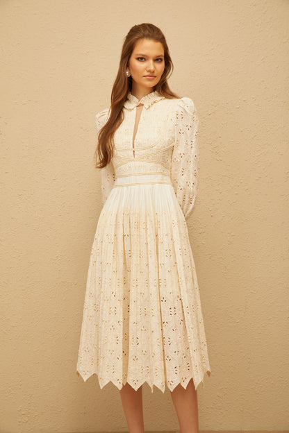 Isabeau Neutral Floral Embroidered Pleated Midi Dress