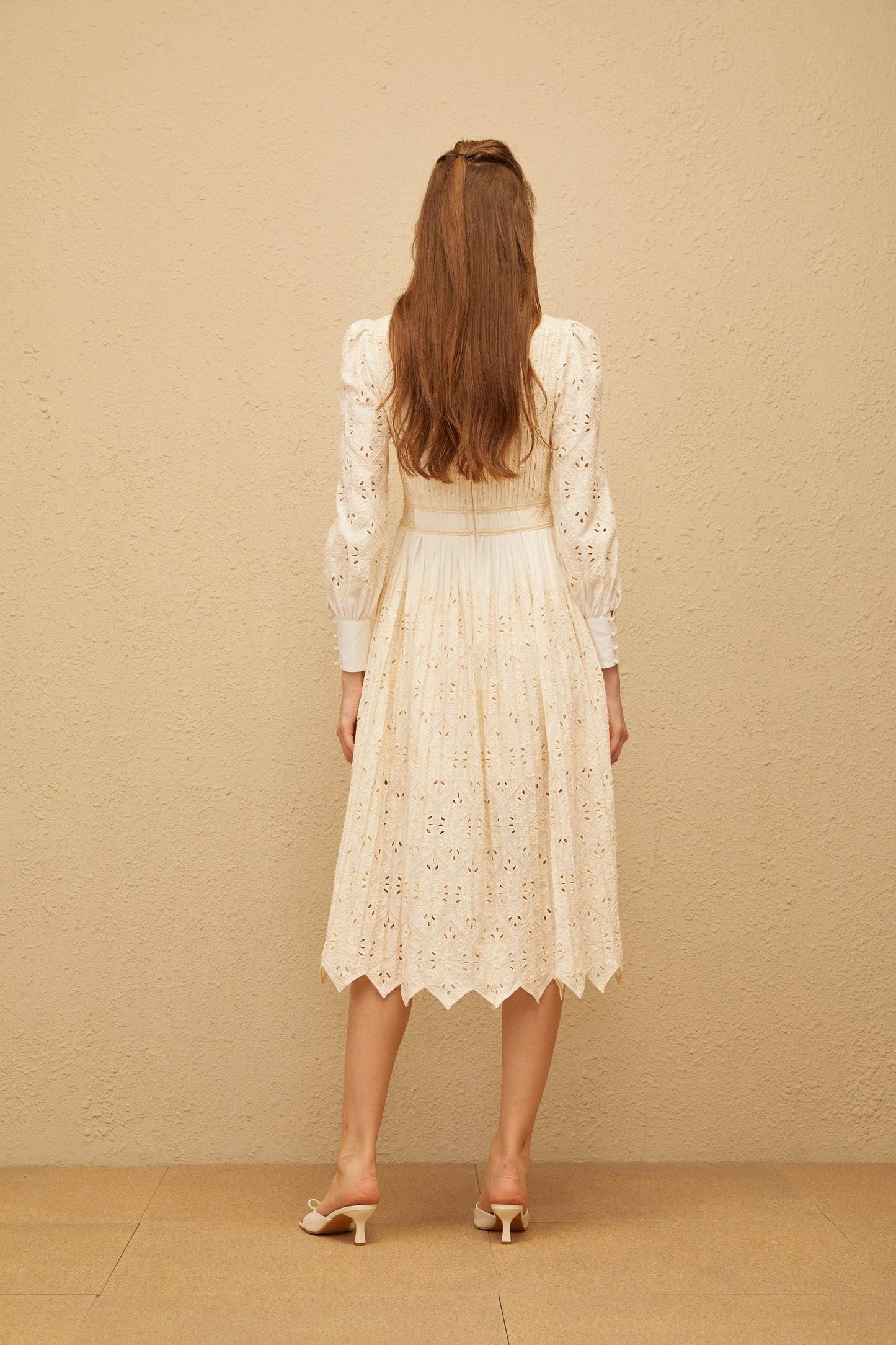 Isabeau Neutral Floral Embroidered Pleated Midi Dress