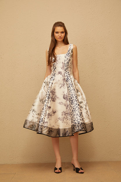 Pénélope Neutral Graphic Print Midi Dress