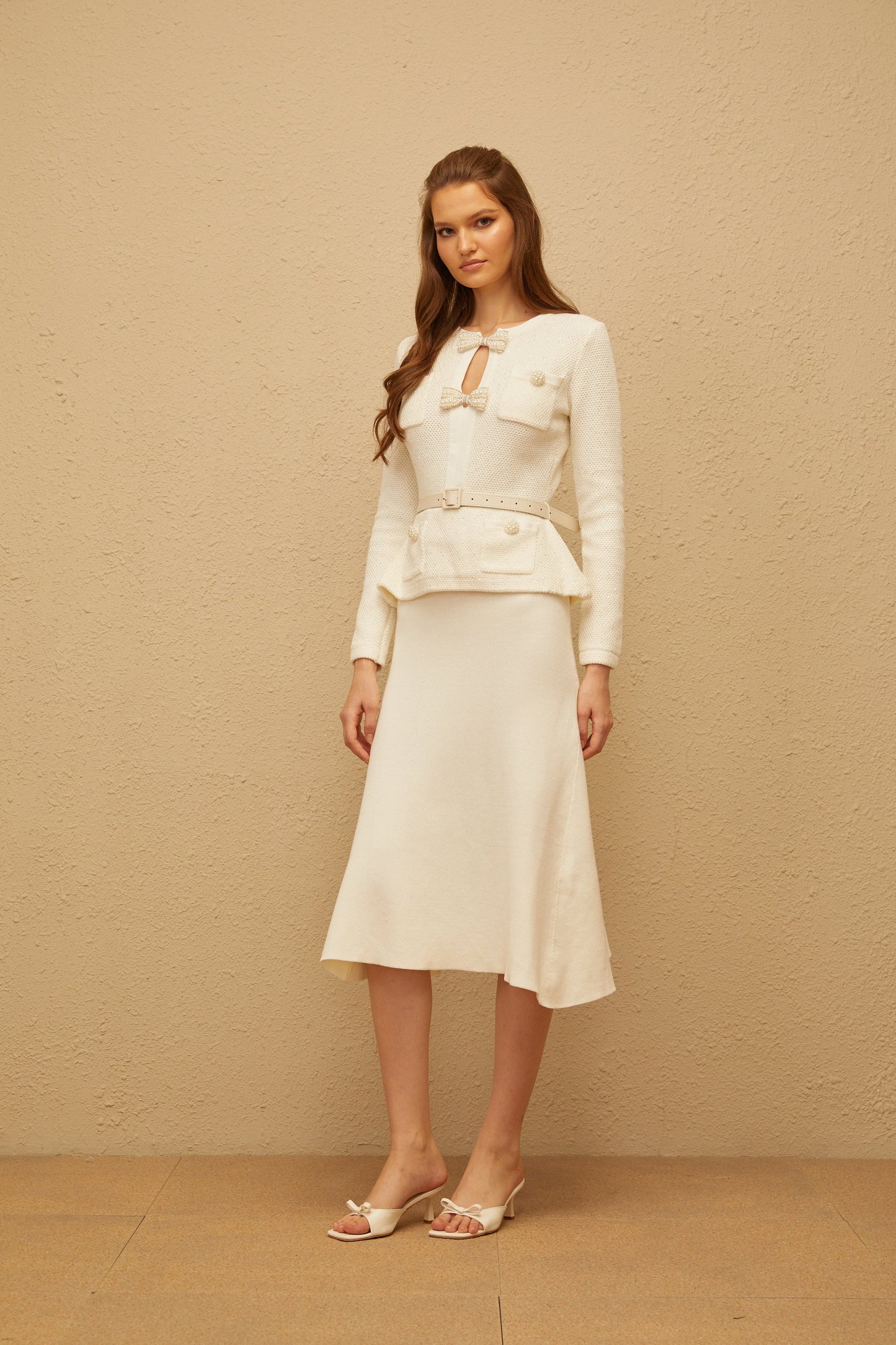 Adélade White Embellished Knit Midi Dress