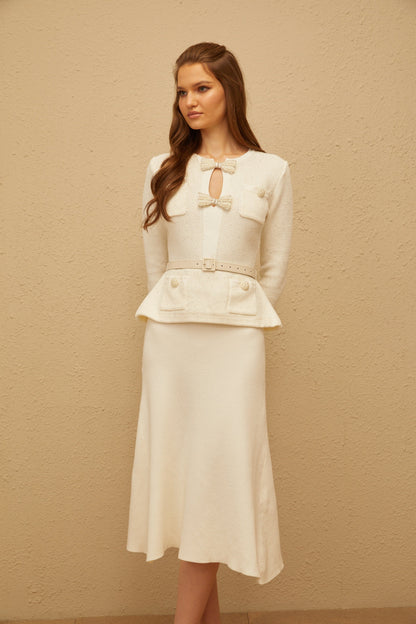 Adélade White Embellished Knit Midi Dress