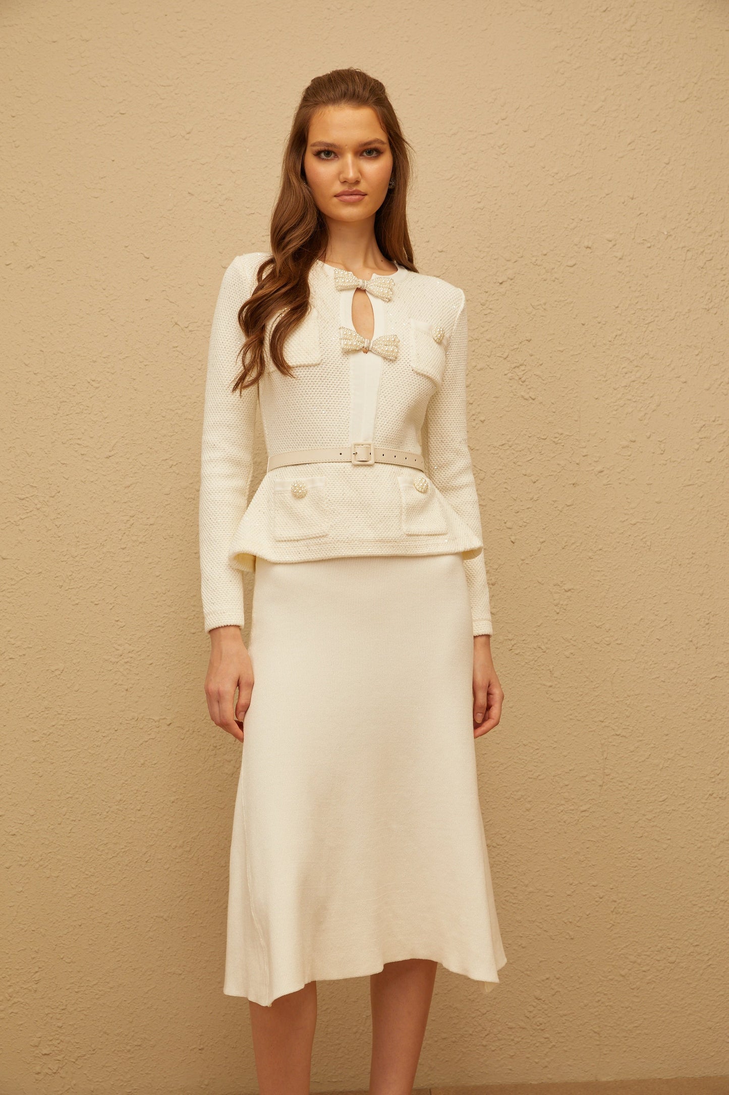 Adélade White Embellished Knit Midi Dress