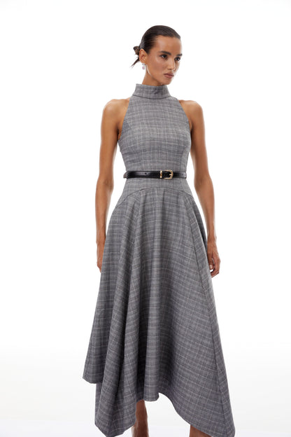 Wilhemine Grey Checked Tweed Midi Dress (Without Belt)