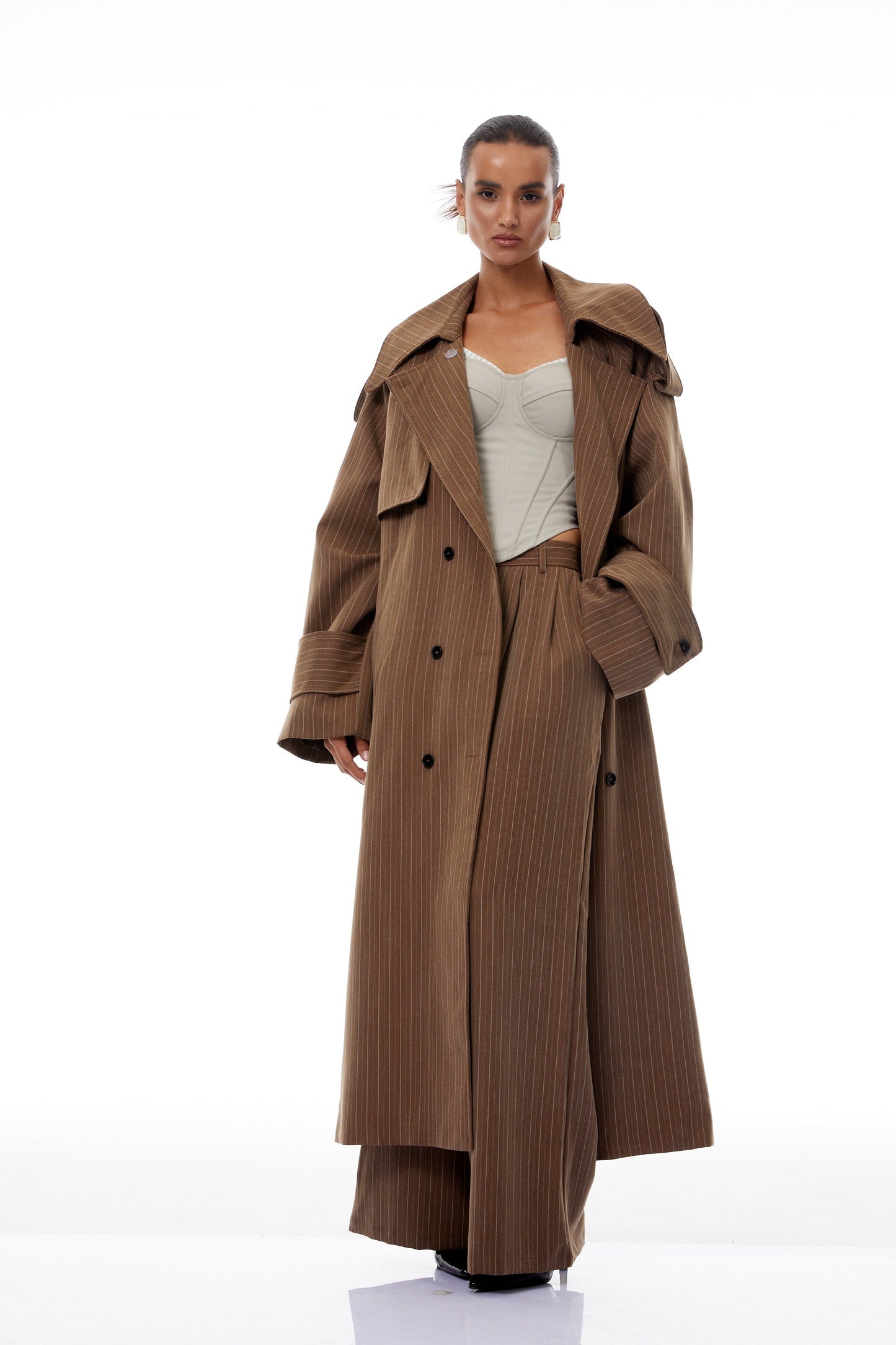 Clémence Brown Striped Trench Coat & Trousers Set