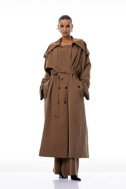 Clémence Kahve Çizgili Trençkot ve Pantolon Takım