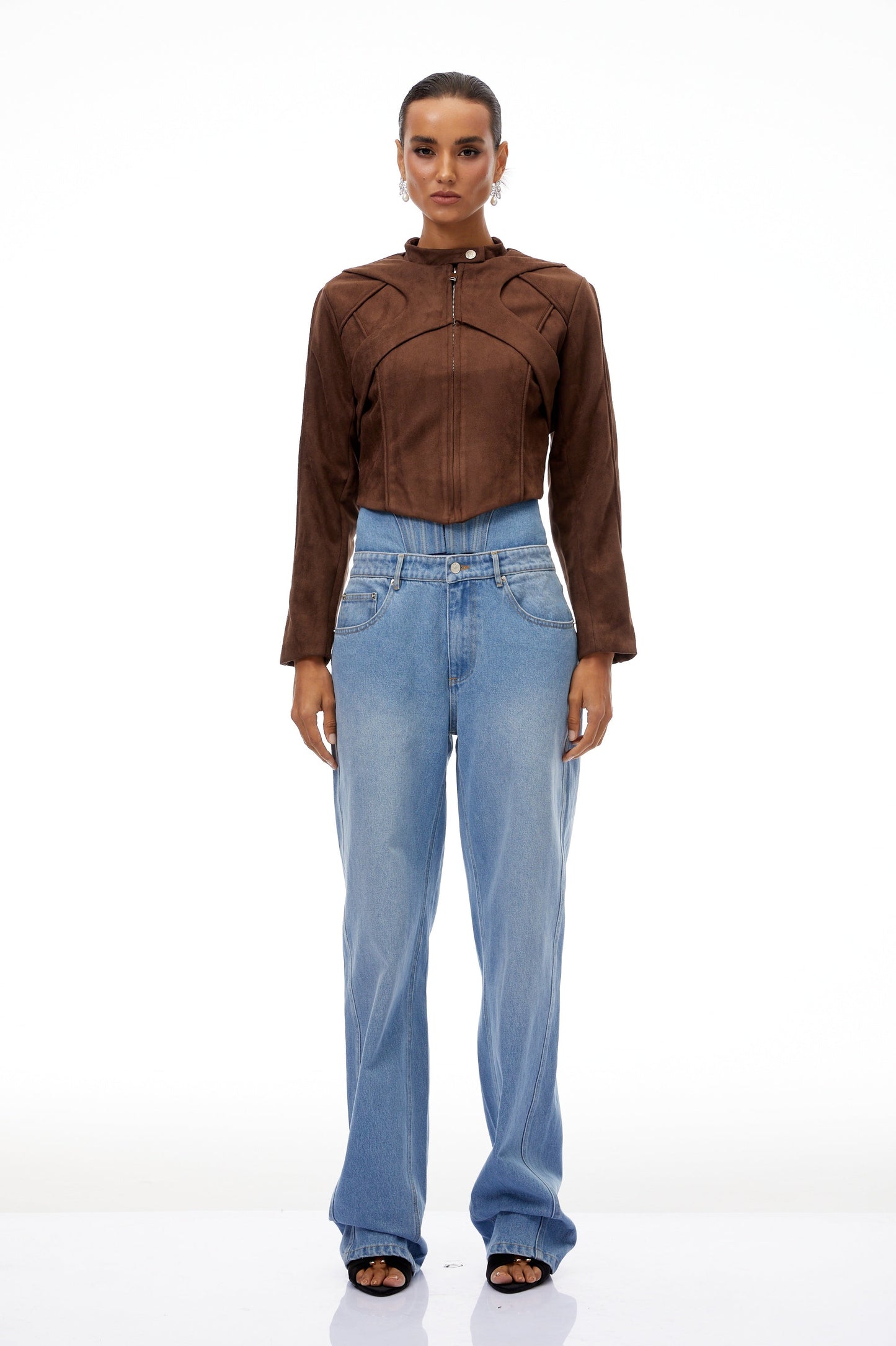 Honorine Brown Suede Crop Biker Jacket